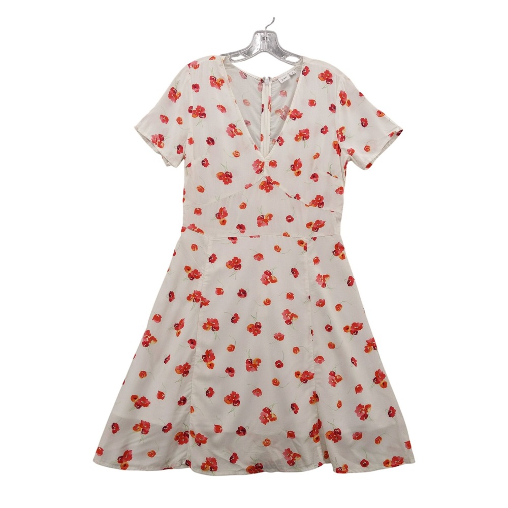 Gap Floral Print V-Neck Fit & Flare Casual Dress Rayon White Red Size‎ 6